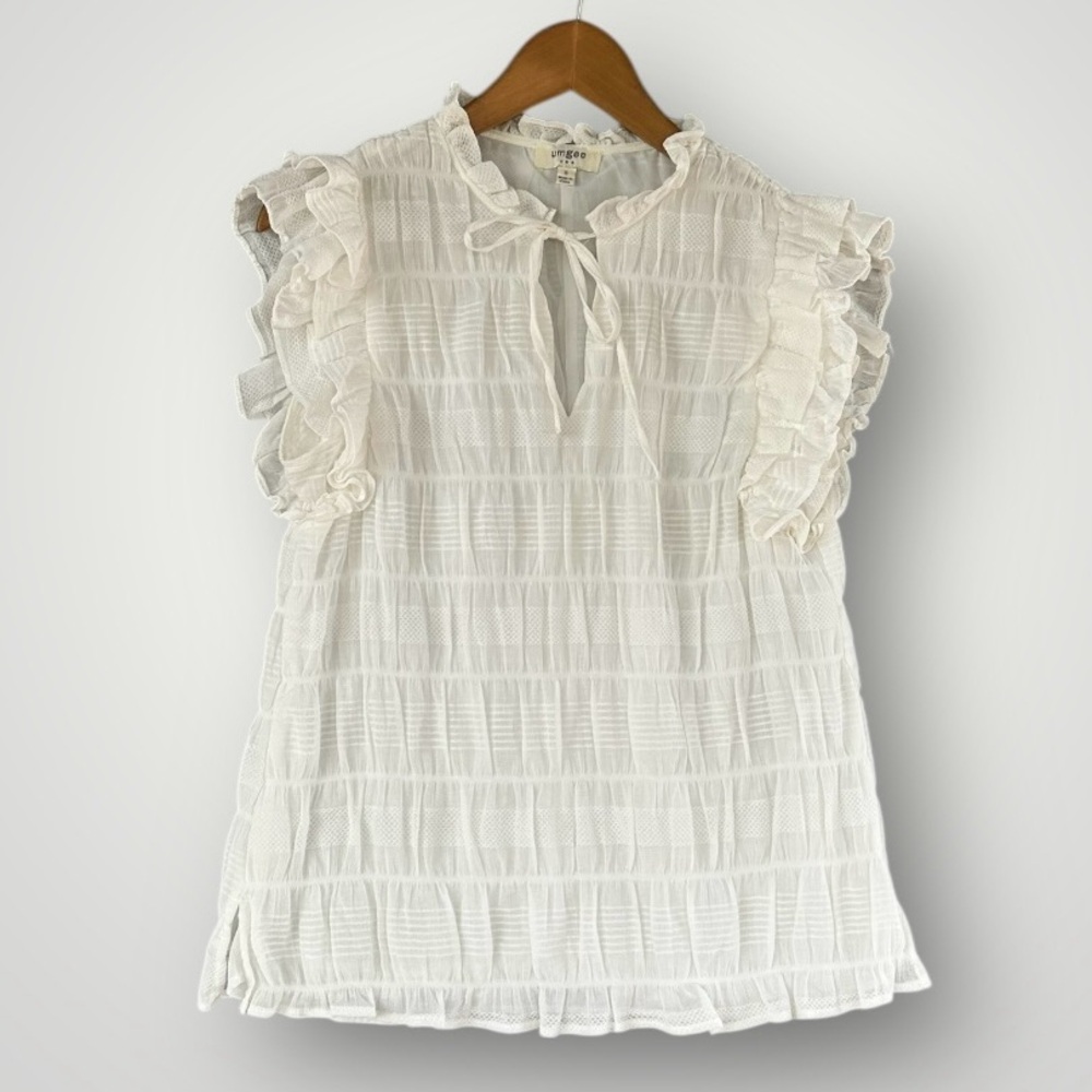 Umgee White Ruffle Sleeve Textured Blouse